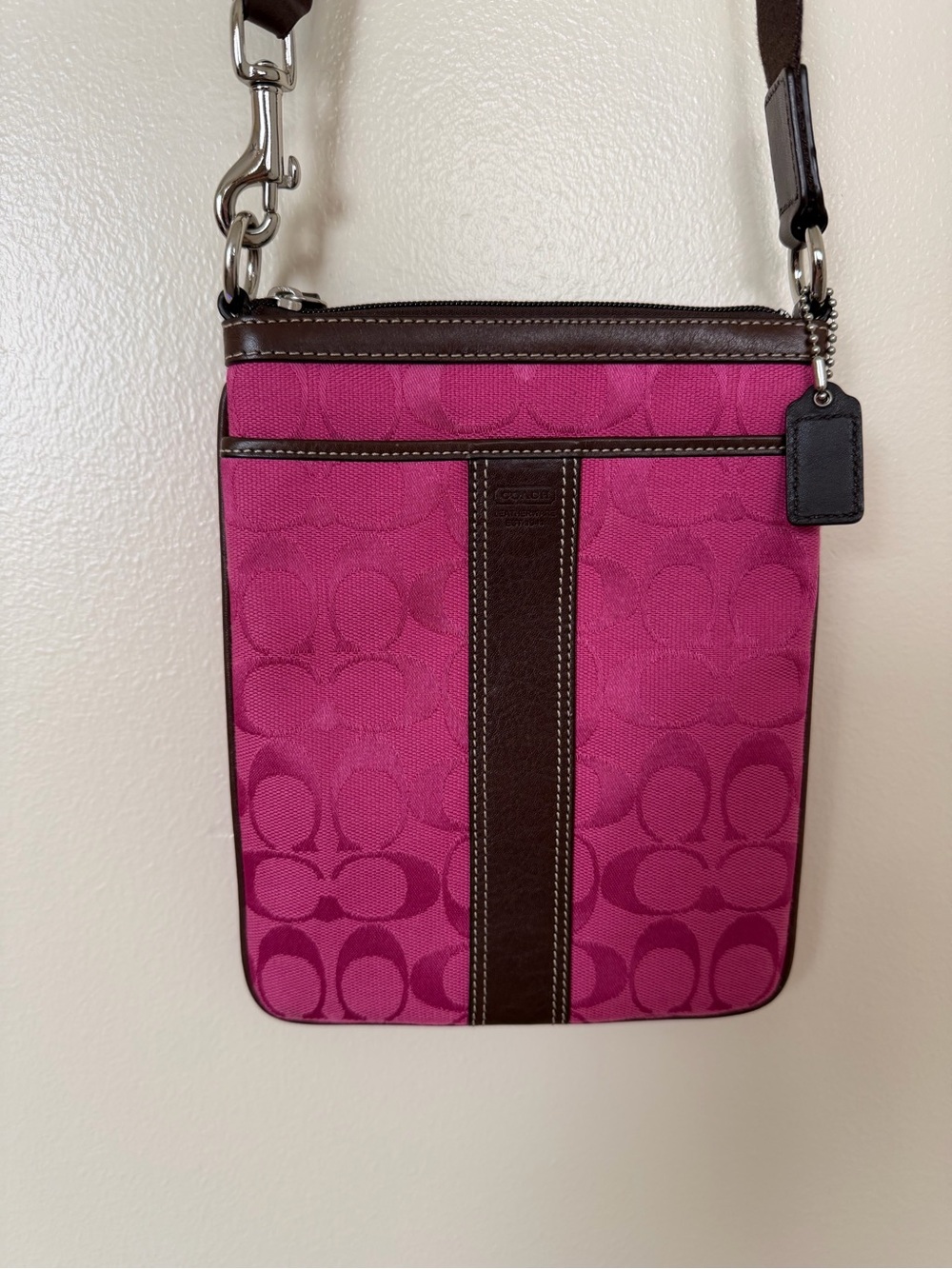 COACH Hot Pink Signature Brown Leather Swing Pack Crossbody Bag Purse